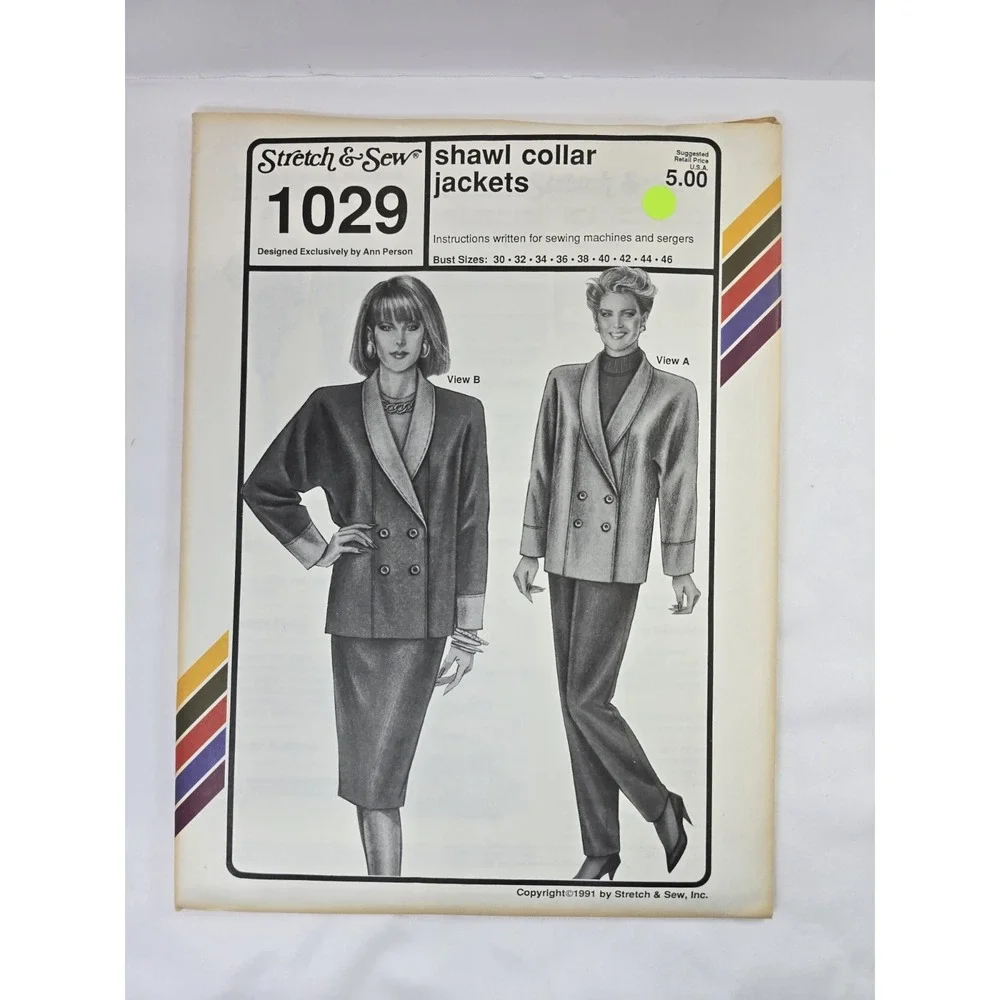 Vintage 1990s Stretch & Sew Ann Person Sewing Pattern 1029 - Shawl Collar Jacket